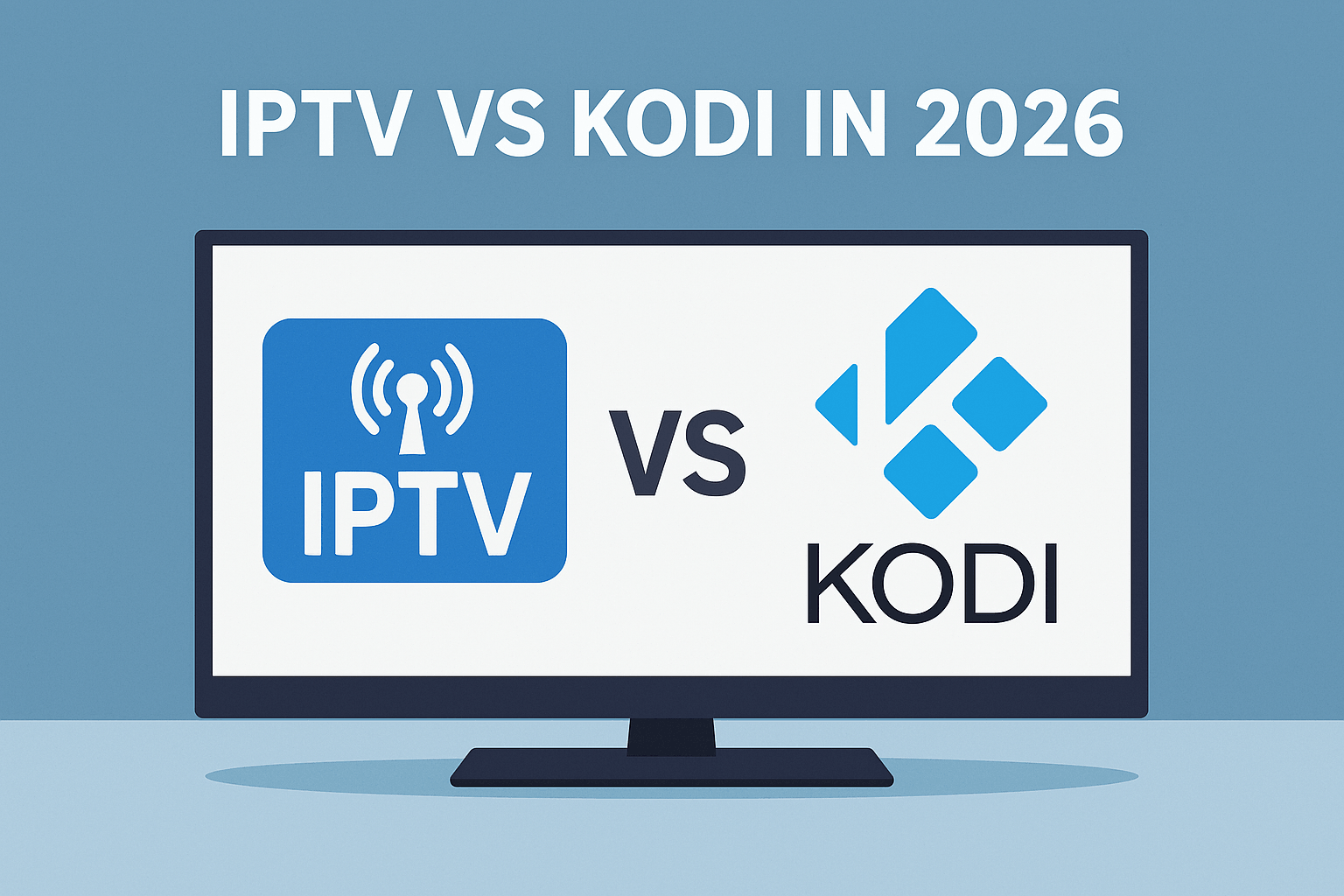 IPTV vs Kodi in 2026 illustrated comparison chart showing live TV and media hub icons