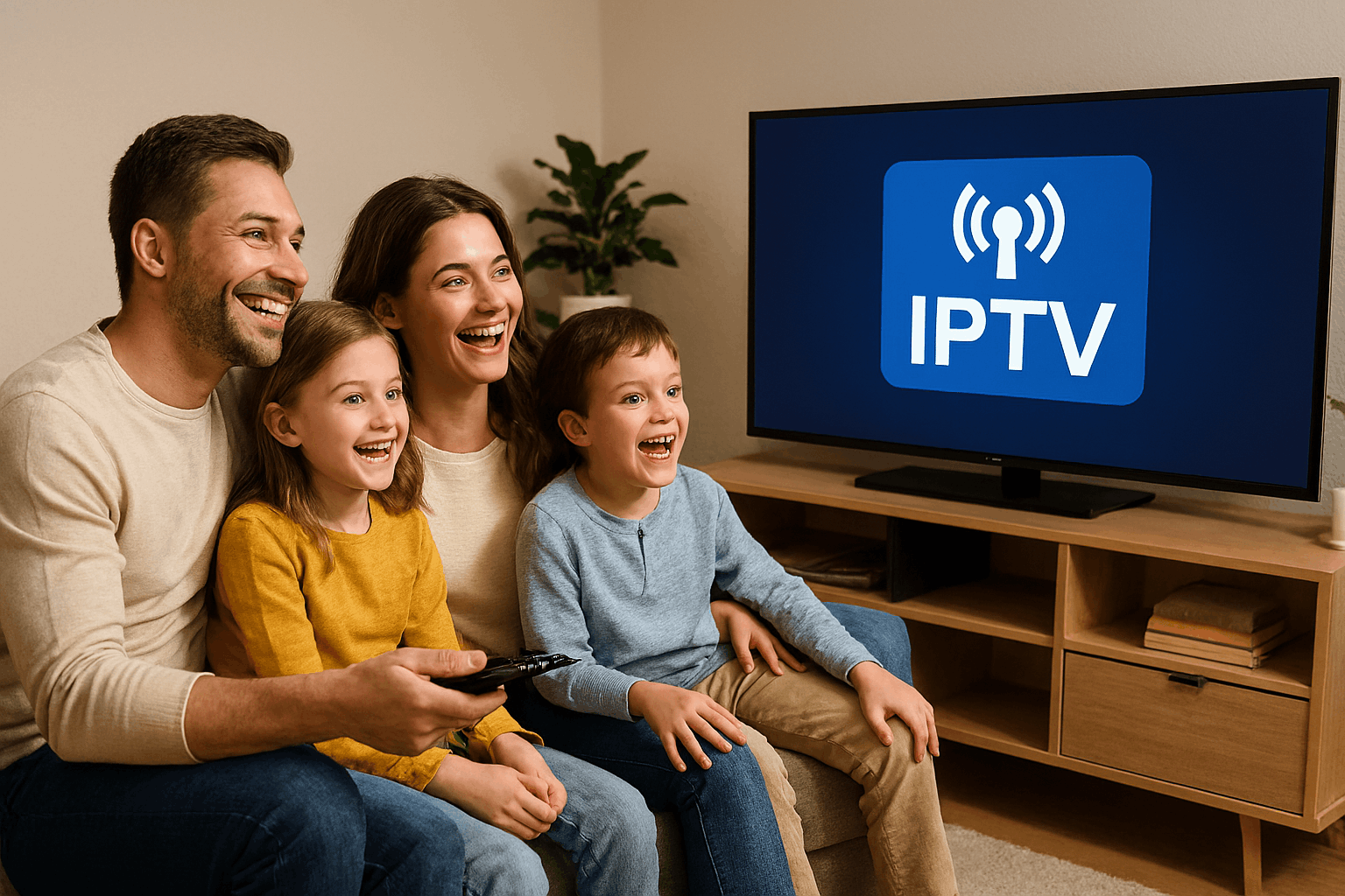 Family exploring IPTV vs Kodi in 2026 apps together in the living room